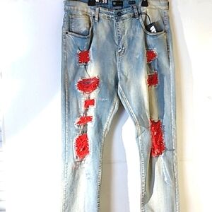 WAIMEA DISTRESSED SKINNY FIT RED ANT BLEACH JEANS SIZE 38 NWT